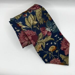 Karl Lagerfeld Mens Silk Tie Navy Blue Floral Botanical Peony Vintage